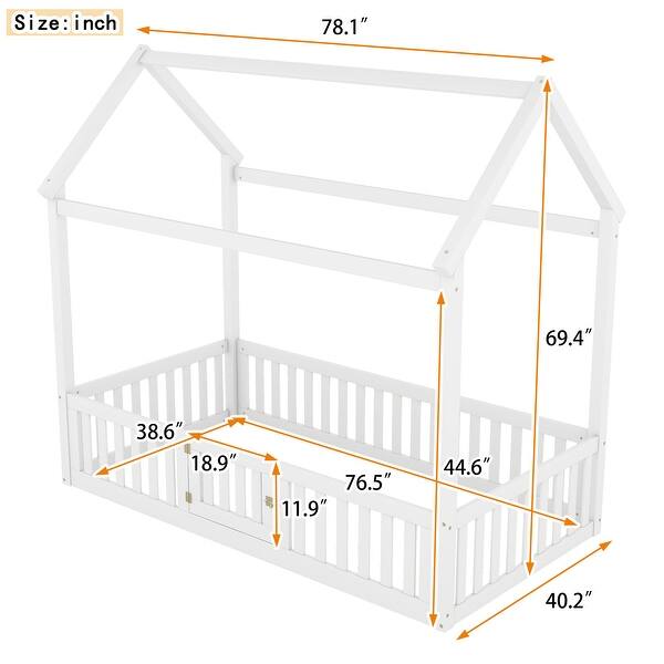 dimension image slide 2 of 4, Fun House Platform Bed with Fence and Door, Wooden Floor Bed Frame with Roof, Distressed Washed Finish,for Kids Girls Boys