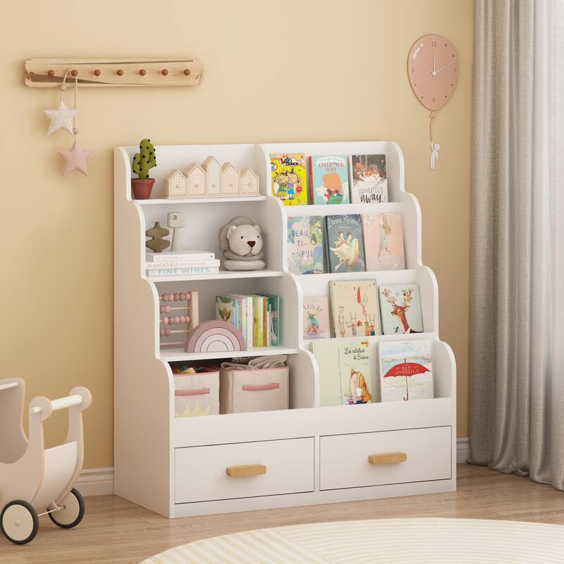 Anmytek Kids Bookshelf with 2 Storage Drawers, Front-Facing Children's Bookcase and Toy Organizer, Multi-Tier Reading Shelf - White