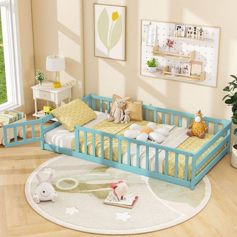 Costway Twin Size Floor Bed with Door & Fence with Safety Guardrails &
