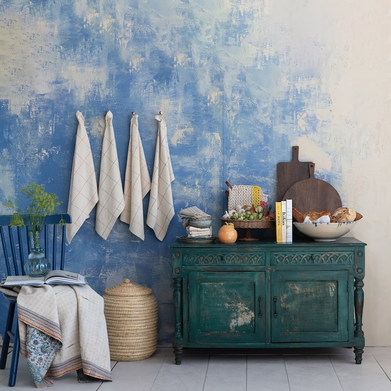 Distressed Hand-Painted Carved Mango Wood Vintage Reproduction Cabinet, Teal - 47.0"L x 20.0"W x 39.0"H