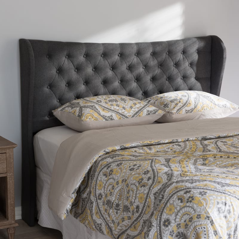 Modern Dark Grey Fabric Button Tufted Queen Size Winged Headboard with Padded Upholstery and Adjustable Legs