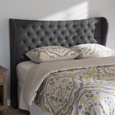 Modern Dark Grey Fabric Button Tufted Queen Size Winged Headboard with Padded Upholstery and Adjustable Legs