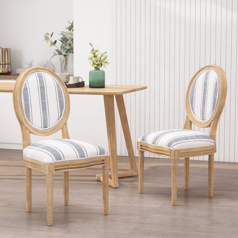 Phinnaeus French Country Fabric Dining Chairs (Set of 2) by Christopher Knight Home - Dark Blue Stripes + Light Beige + Natural