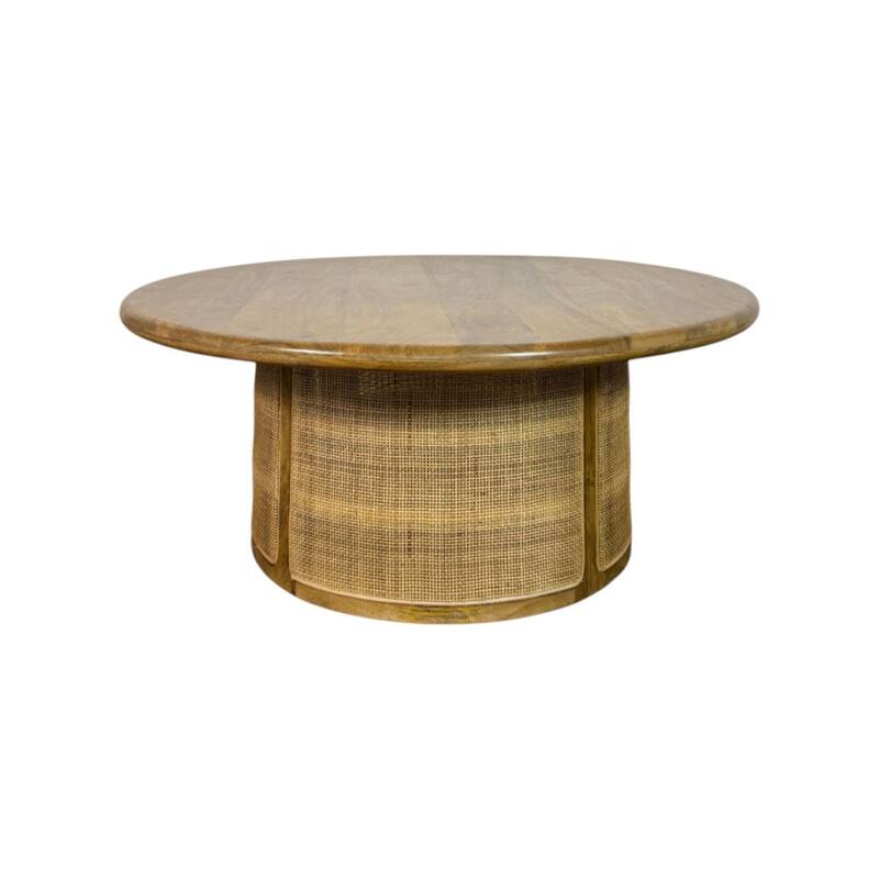 Marlowe Drum-Style Coffee Table - Solid Blonde Acacia Wood Top with Handwoven Cane Drum Base Table