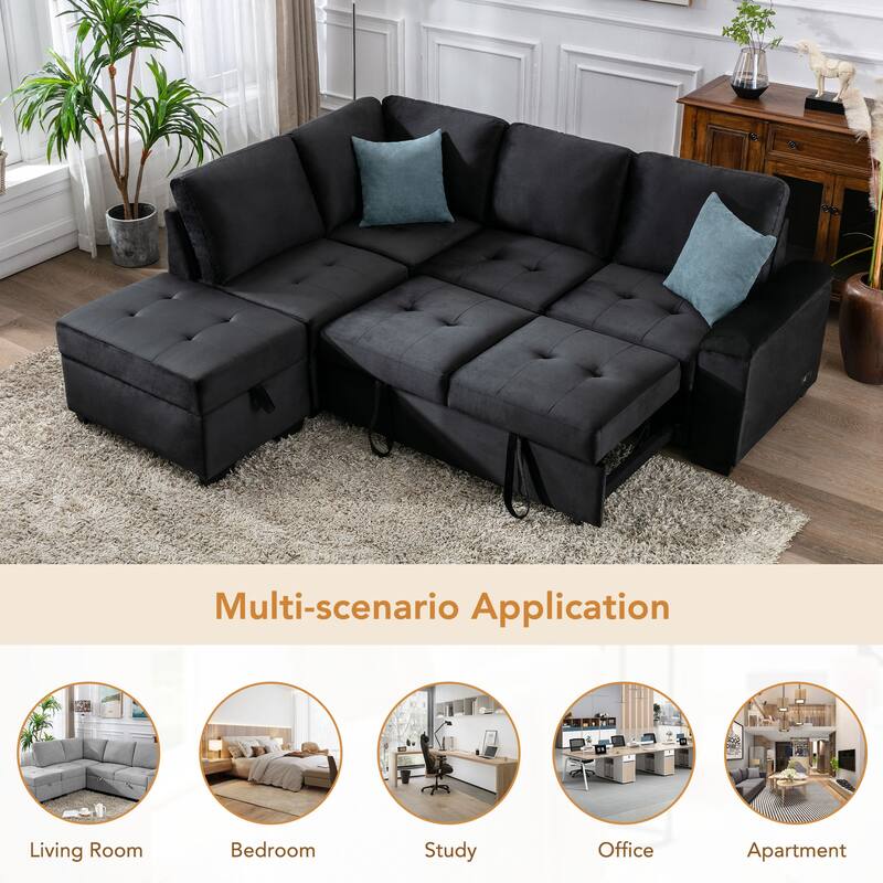 84.75" Velvet Sectional Sofa with Storage Ottoman, USB Charging and Hidden Arm Storage and L-Shaped 4-Seater