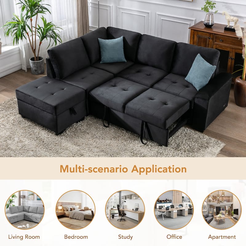 84.75'' L-Shape 5 Seat Sectional Sofa with Pull-Out Bed, Storage Ottoman, Hidden Arm Storage & USB Charging