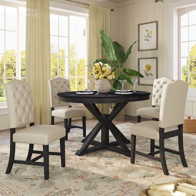 Multifunctional Dining Table and Chair Sets Mid-Century Dining Table and Chair Sets with Extendable Tabletop and Cross-Base Leg