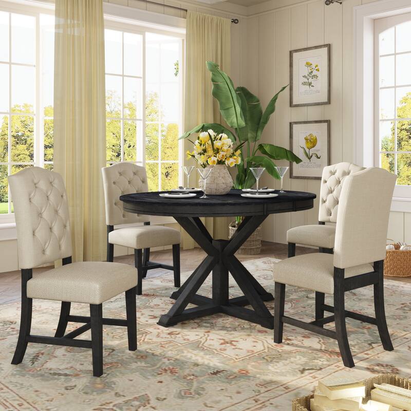 X-Cross Leg Round Dining Table Set Wooden Extendable End Table with 4 Upholstered Chairs for Dining Room & Living Room Bistro
