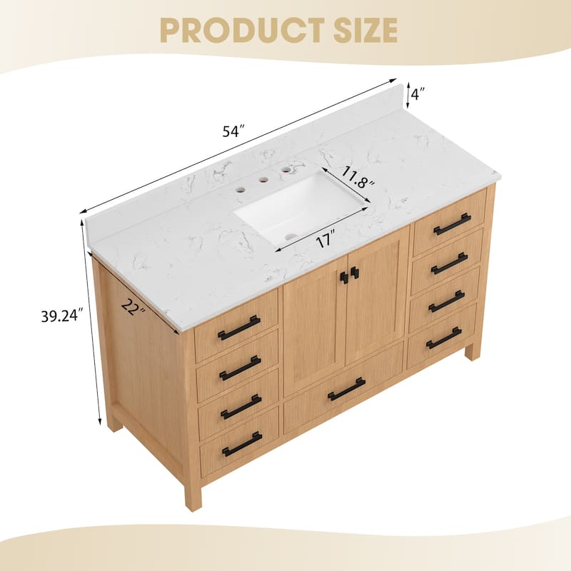 54 inch Solid Wood Freestanding Bath Vanity Engineered Countertop Undermount Rectangular Ceramic Sink - 54 inch