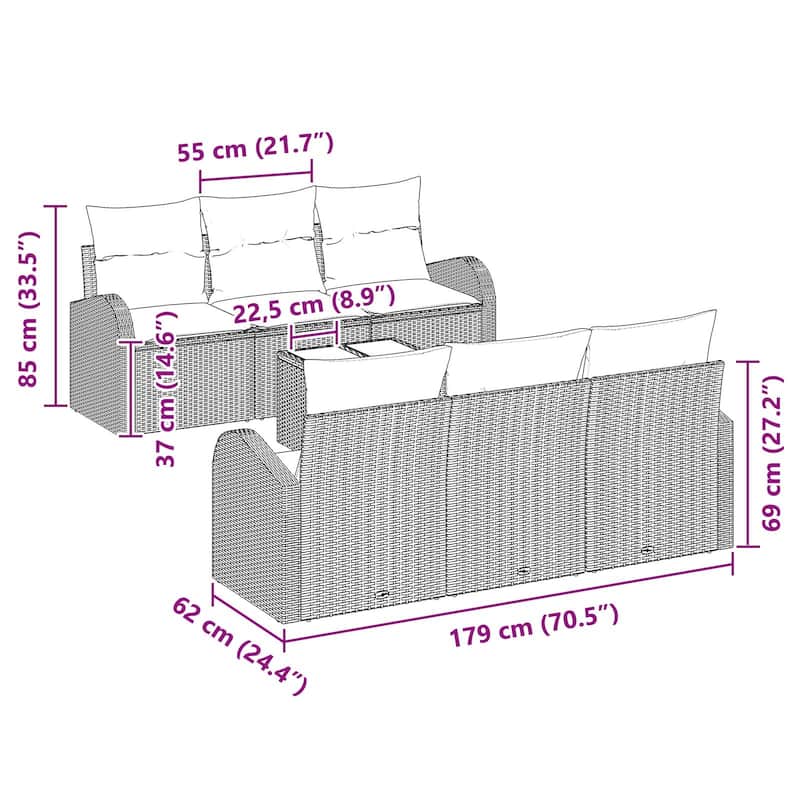 vidaXL 7 Garden Sofa Set with Cushions Black/Brown/Grey Poly Rattan - 70.5 x 24.4 x 27.2