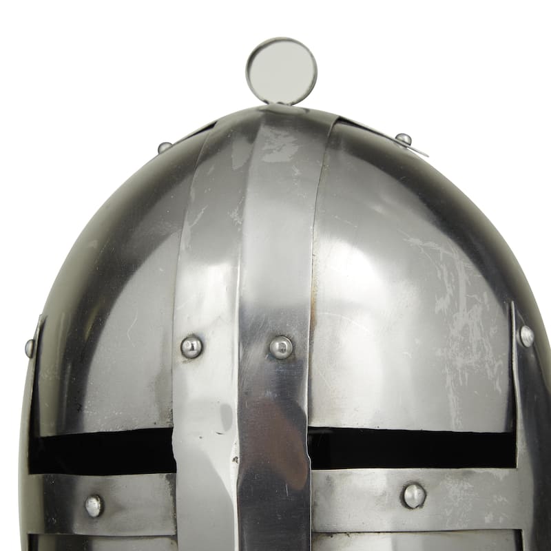 Metal Replica Medieval Knight Crusader Helmet with Black Wood Stand - Silver - Roche River Decor