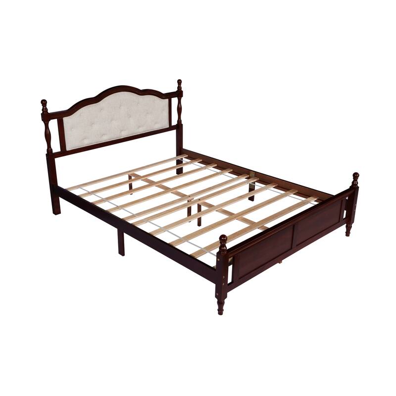 Roomfitters Queen Pine Wood Bed Frame with Upholstered Headboard and Panel Footboard, Platform Support Design, Cherry