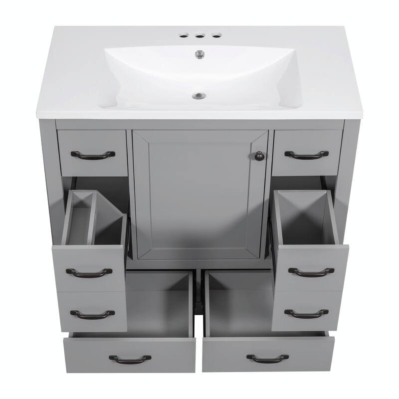 36" Bathroom Vanity with Sink Combo: Six Drawers, Multi-Functional Divider, Adjustable Shelf