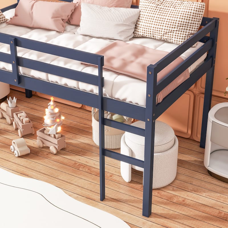 Solid Wooden, Rubber Wooden Twin Loft Bed with Ladder, Bed Platform of Strengthened Slats, Pink