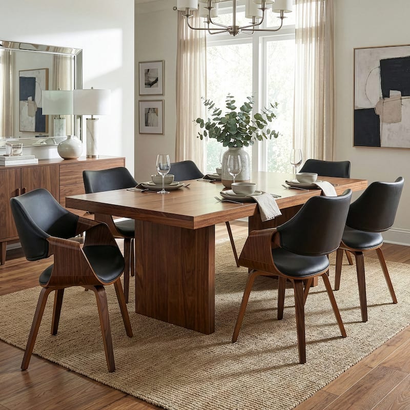 Set of 2 Beasley Black Faux Leather Dining Chair with Walnut Wood Legs