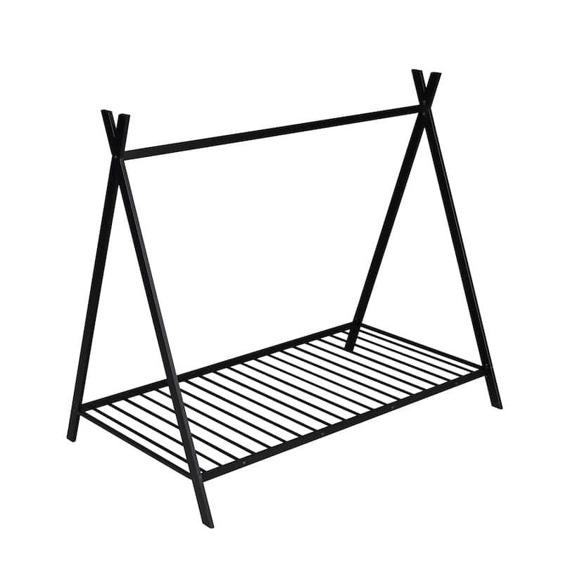 White Metal Twin House Bed Tent Frame with Slat, No Box Spring Needed