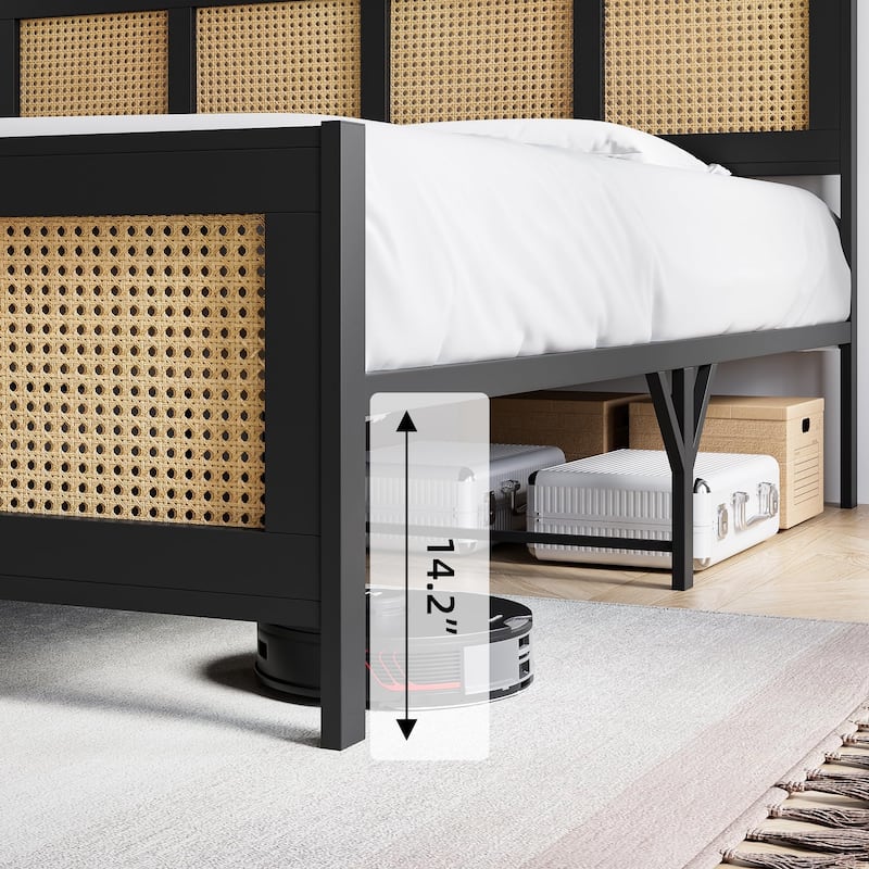 Black Bed Frame with Rattan Headboard and Footboard