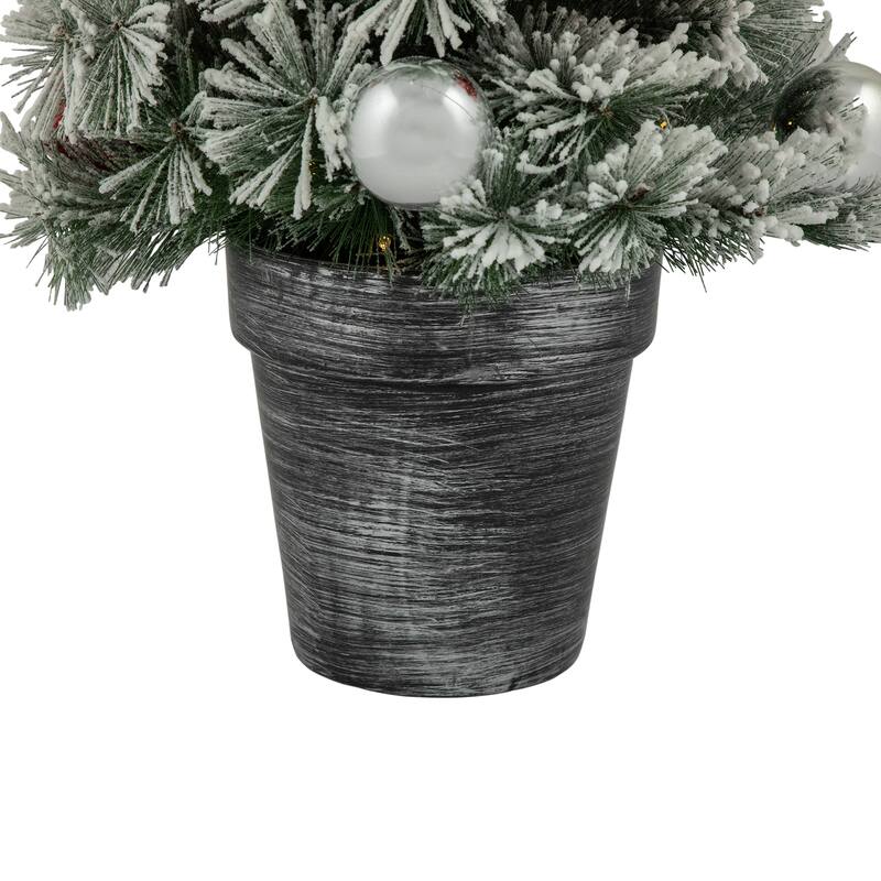 2' Potted Snowy Bristle Pine Artificial Christmas Tree, Warm White LED - 2 Foot