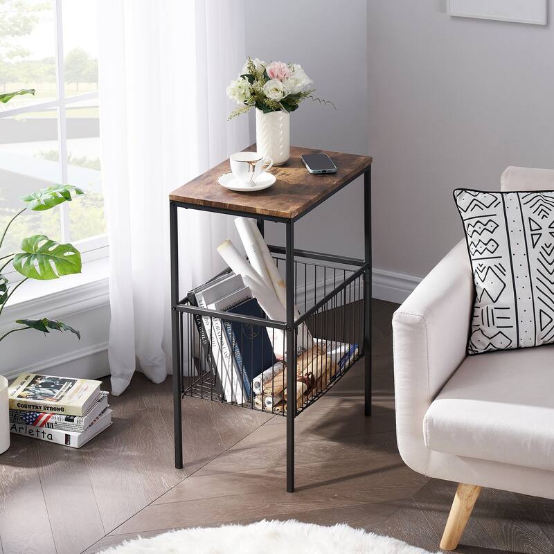 Javlergo Modern Side End Table with Storage Mesh Basket, Set of 2