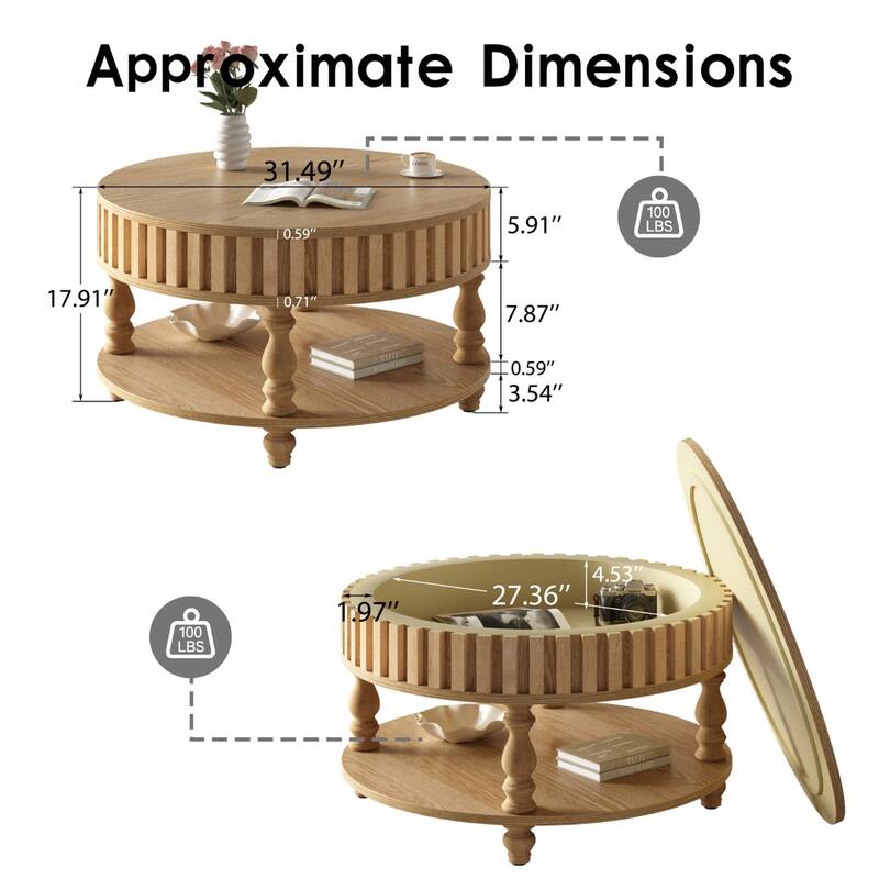 31.5" Farmhouse Round Fluted Coffee Table with Flip-Top Lids and Spacious Hidden Storage