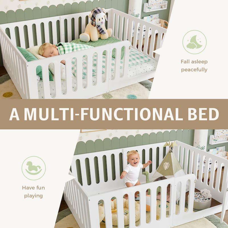 Full Size Floor Bed with High Fence for Kids, Solid Wood Kids Montessori Bed with Door, No Box Spring Needed Design
