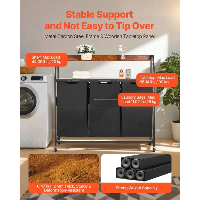 Black Laundry Hamper with Fabric 3 Removable Compartments Hamper and Wheels for Organization