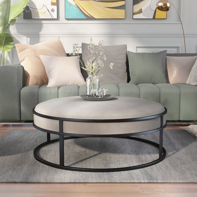 Chista Contemporary Round Fabric Ottoman with Cushion by Furniture of America