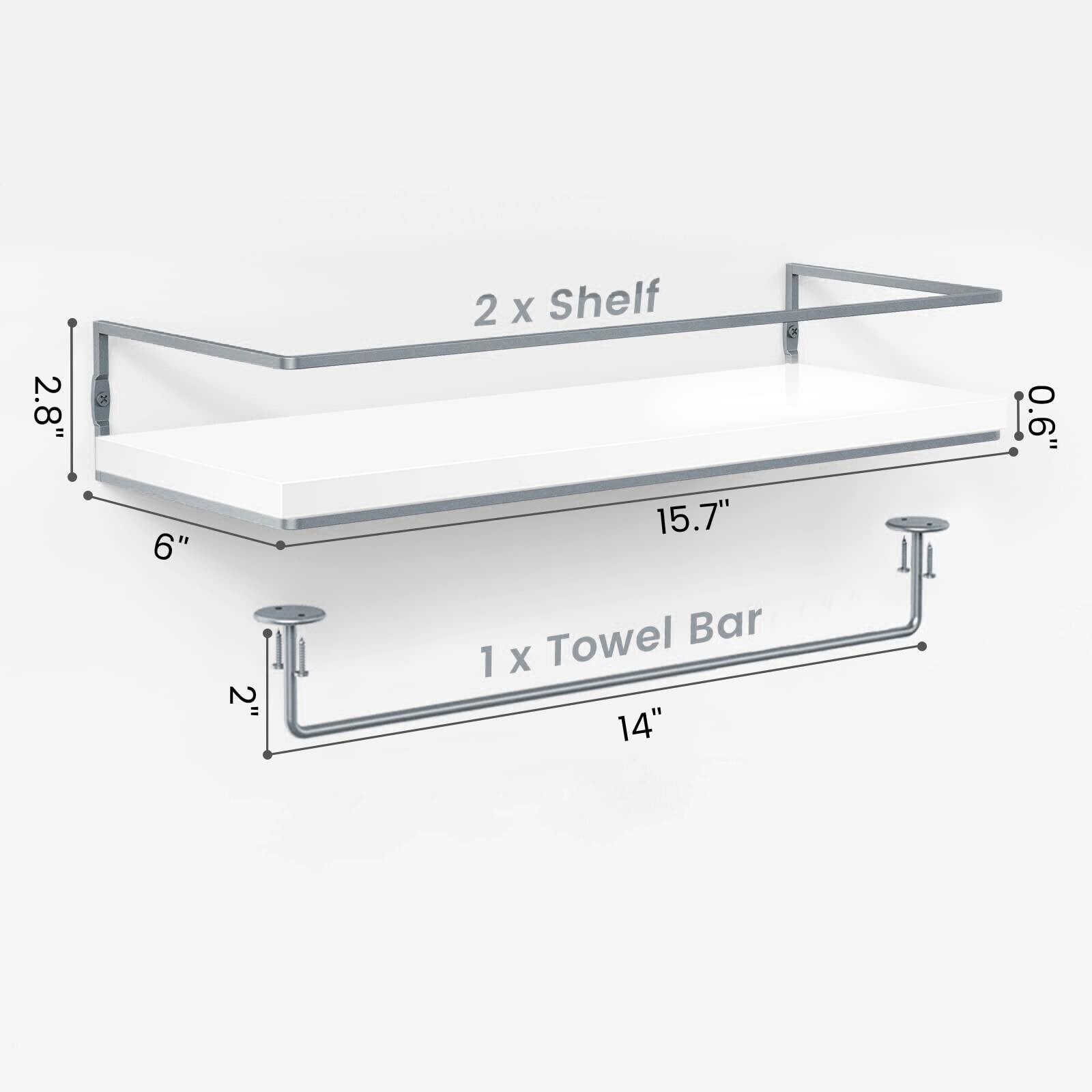 Metal wall shelf with towel bar clearance