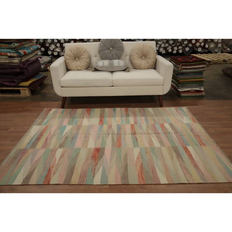 Hand Woven Oriental 100% Wool Carpet Southwestern Modern Multi-Colored Kilim Area Rug - 6' 7'' X 4' 10''