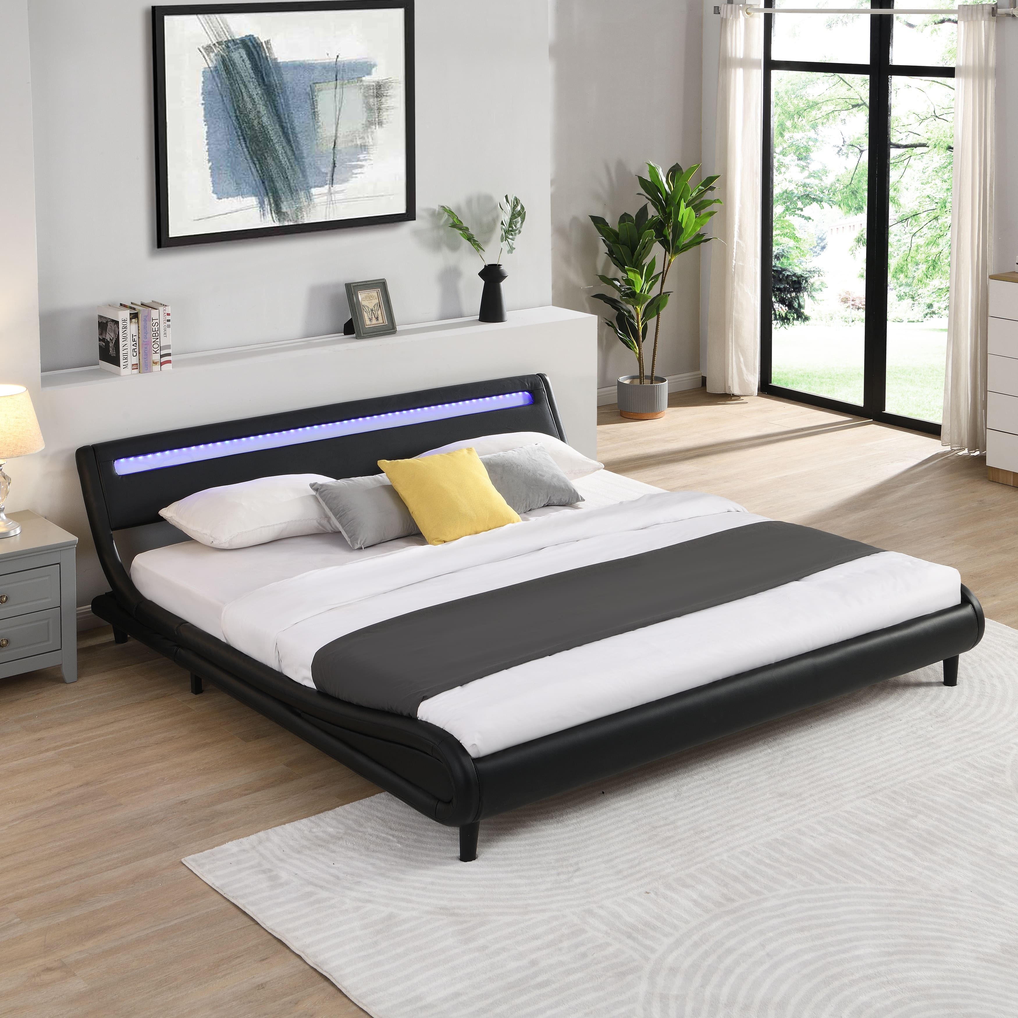 Curve Design Platform Bed SleighShaped Bed with Adjustable Curved Headboard, LED Light Low
