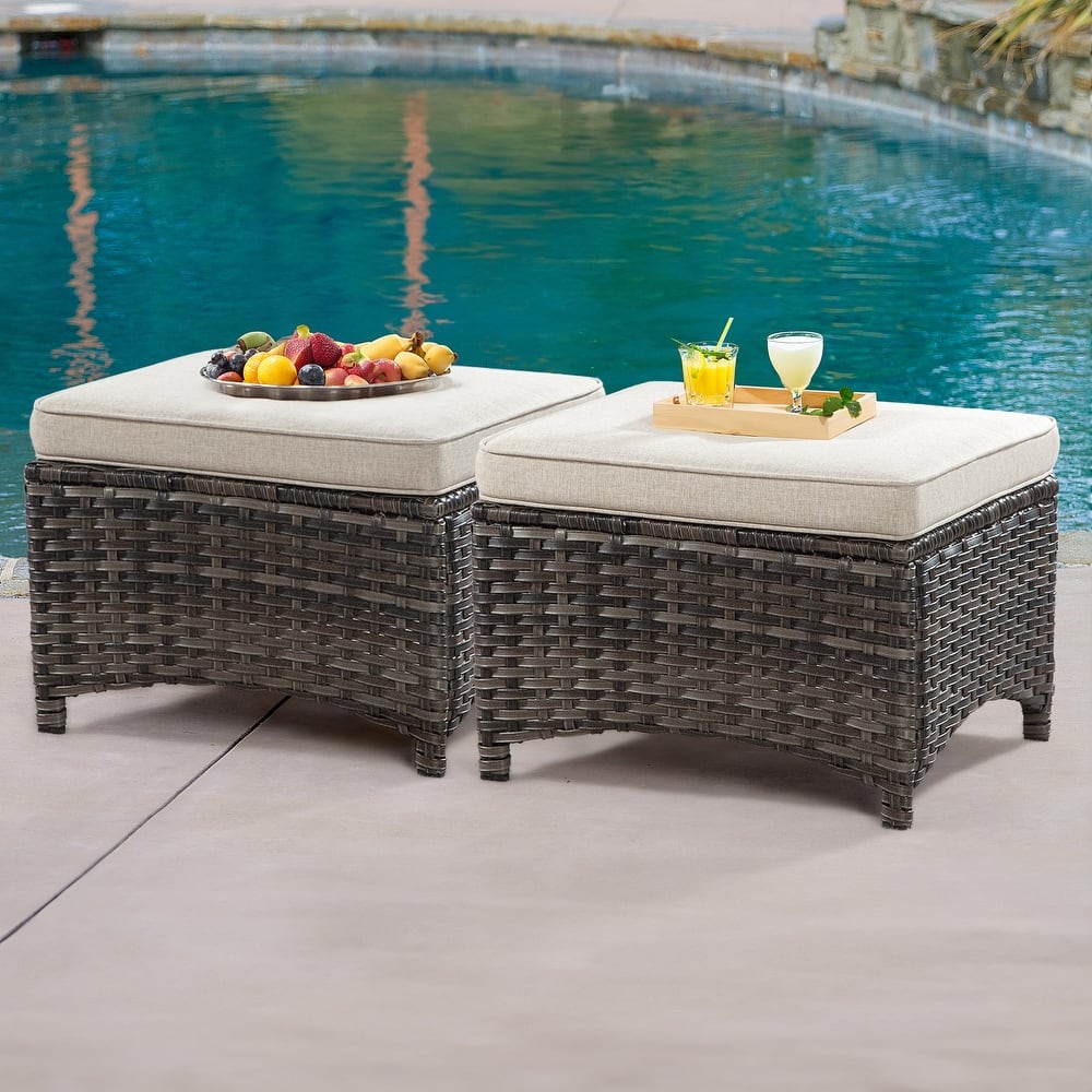 Cozywor 2-Piece Wicker Outdoor Patio Ottoman Set with Cushions