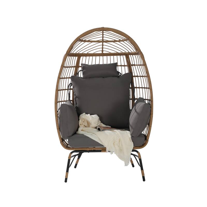 GDFStudio- Serena Oversized Wicker Egg Chair with Cushion and Pillow for Porch, Backyard, or Balcony