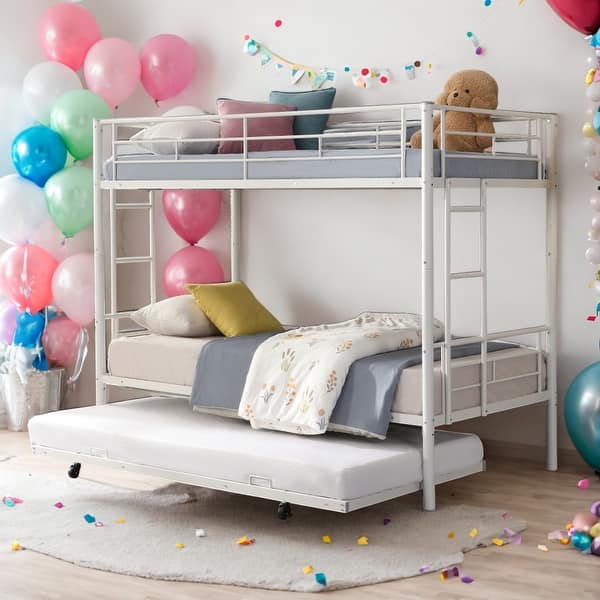 slide 2 of 7, Modern Twin over Twin Metal Bunk Bed with Trundle and Ladder and Sturdy System for Adults Teens White