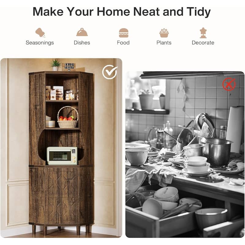 69.29'' Tall Corner Cabinet, Mid Century Kitchen Pantry with Doors, Freestanding Home Space Saver for Living Room, Rustic Brown
