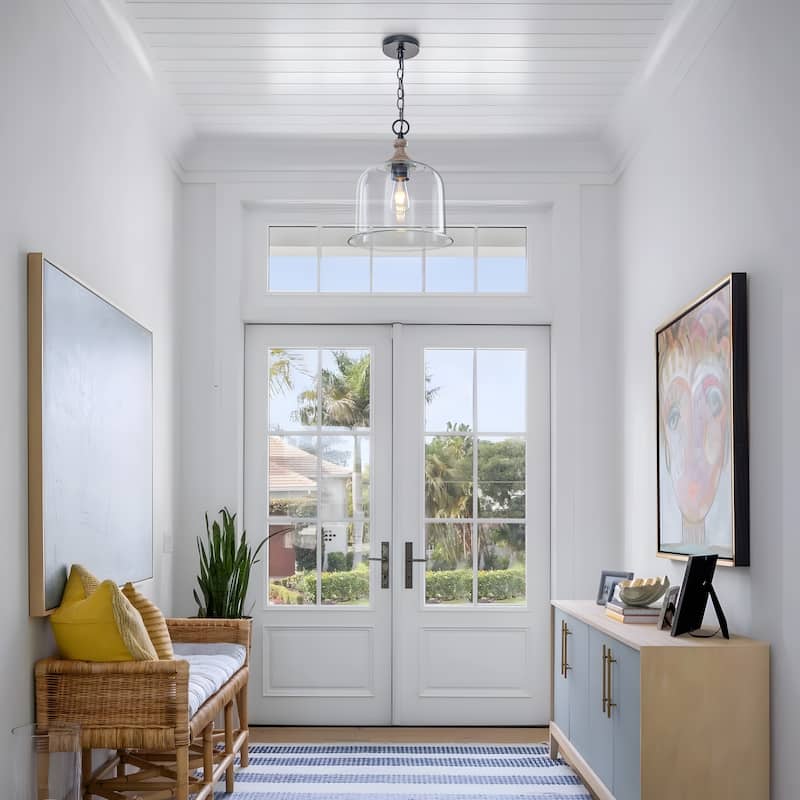 Starsky 1-Light Clear Glass Bell Jar / Cloche Pendant With Wood-Look Metal Accent - Cloche