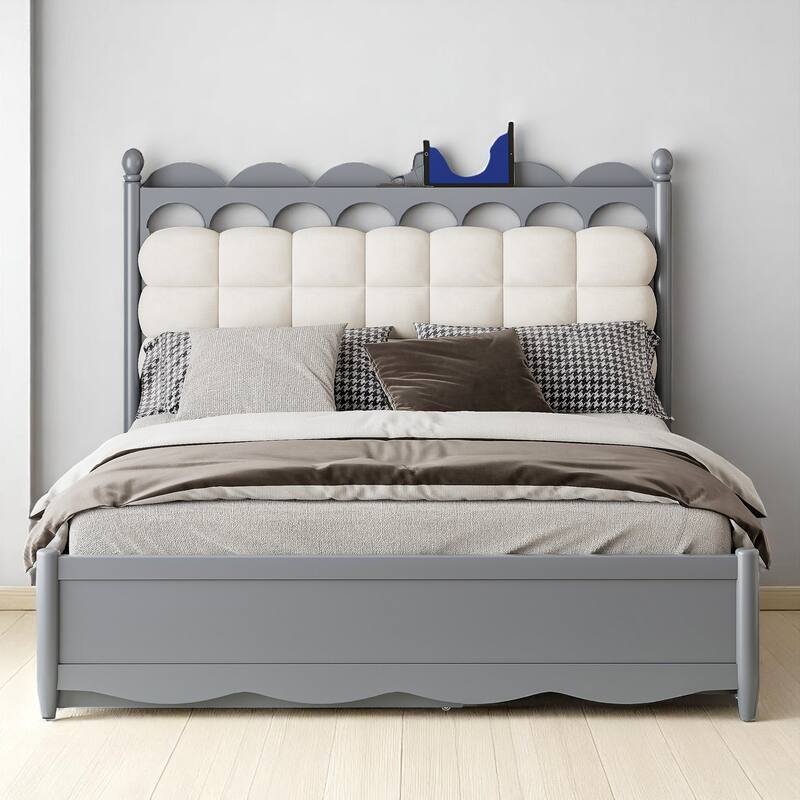 Queen Platform Bed with Trundle, 2 Big Drawers, USB & Power Outlets for Extra Storage - Grey - Queen