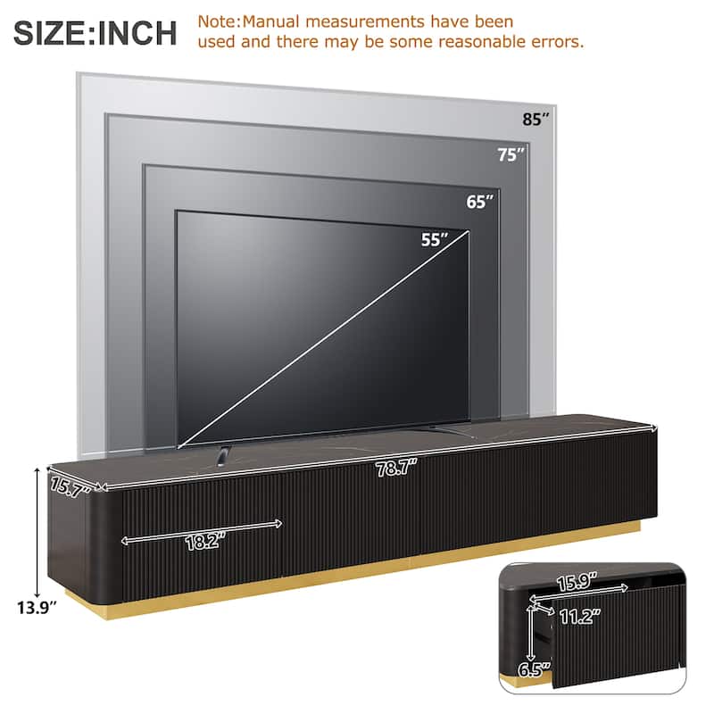 Luxury TV Stand for 85" TVs - Fluted Design, Faux Marble, 4 Drawers, Gold Base, Modern Console