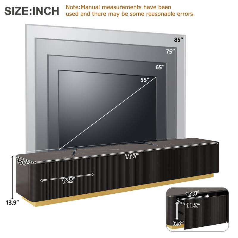 Premium Fluted TV Stand – Supports 85" Screens, Features Faux Marble Top, 4 Drawers & Curved Gold Base for Luxe Living Rooms