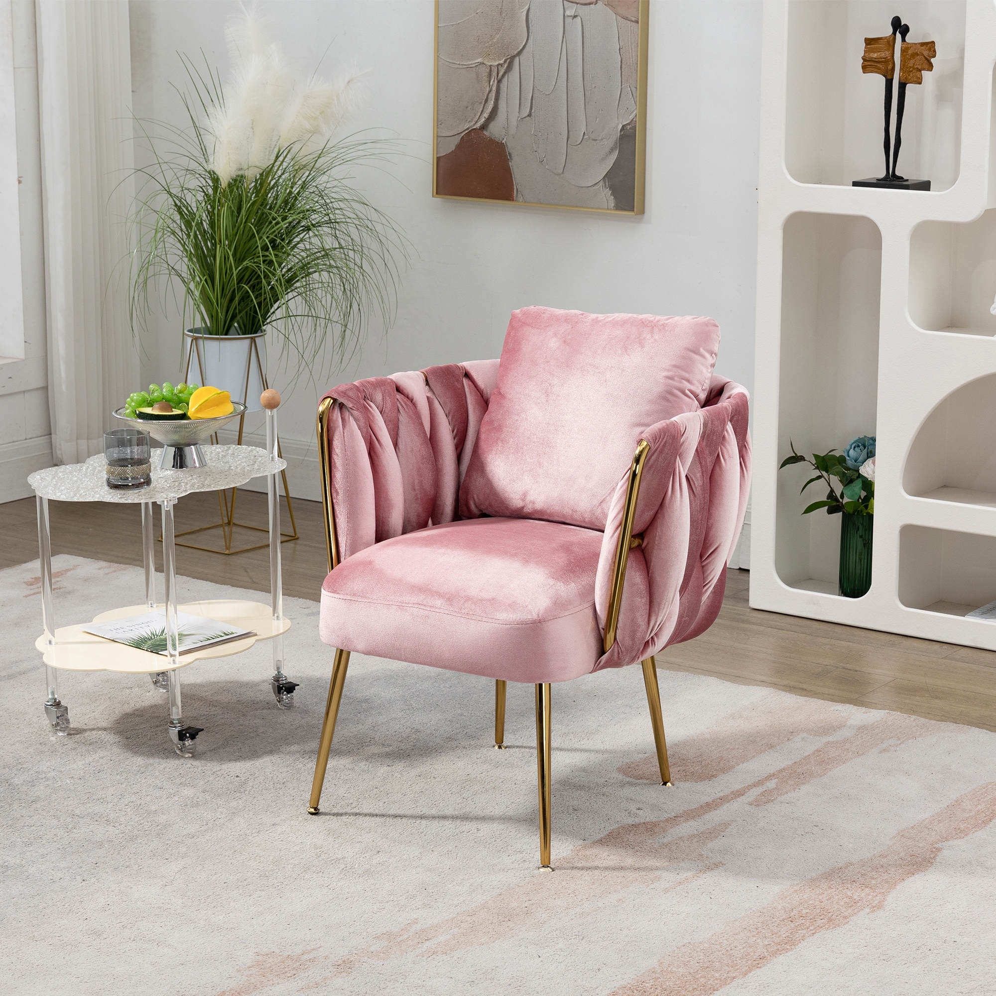 Velvet Accent Chair Armchair Reading Chair Bedroom Lounge Chairs, Pink