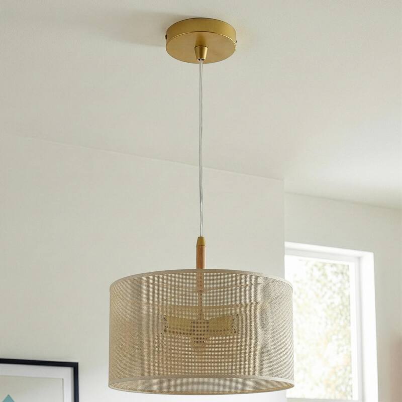 Choi Natural Woven Drum Pendant Light with Wooden Accents