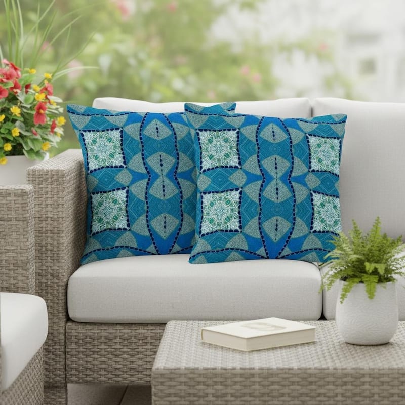 HomeRoots Set of Two 16" X 16" Blue and Green Blown Seam Eclectic Indoor Outdoor Throw Pillow - 16.00' X '16.00' X '5.00 - Blue/Green - 16.00' X '16.00' X '5.00