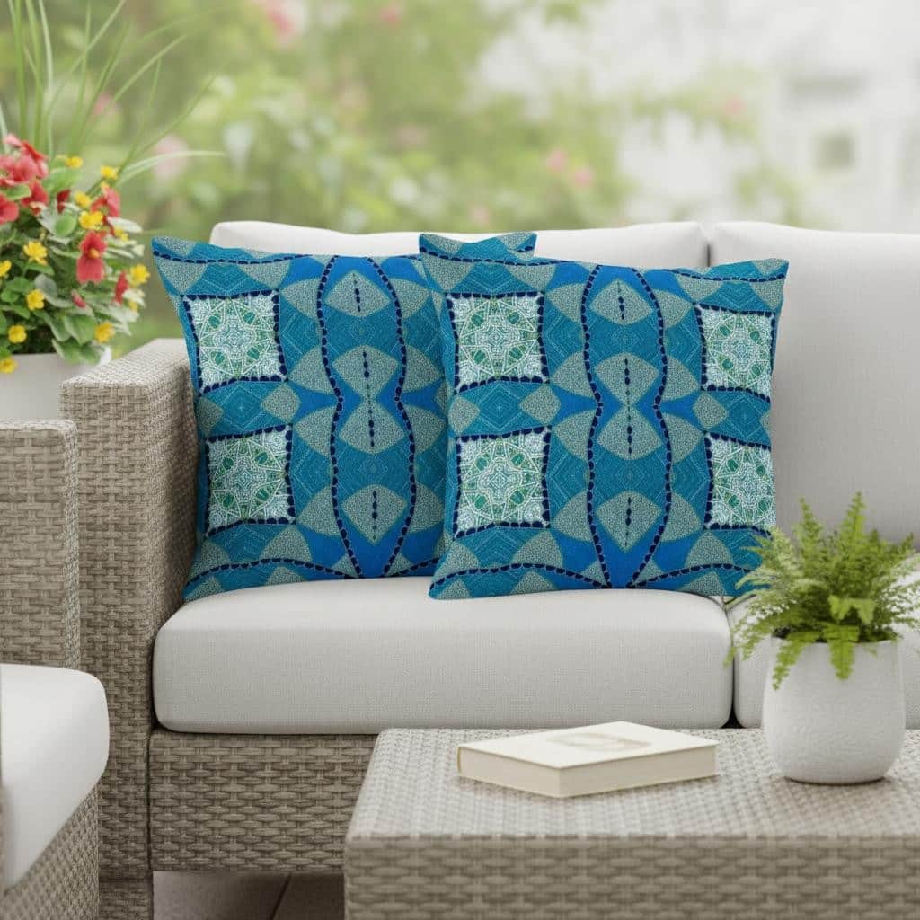 HomeRoots Set of Two 16" X 16" Blue and Green Blown Seam Eclectic Indoor Outdoor Throw Pillow - 16.00' X '16.00' X '5.00