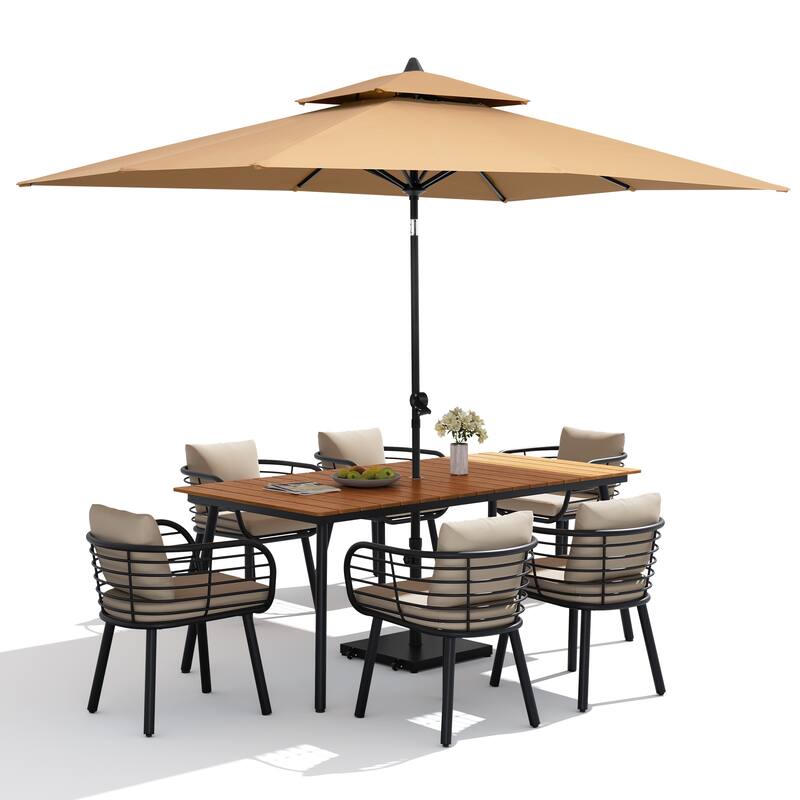 9PC Outdoor Patio Dining Set Aluminum Table with Sunbrella Cushion Chairs w/ Premium Market Umbrella Sets