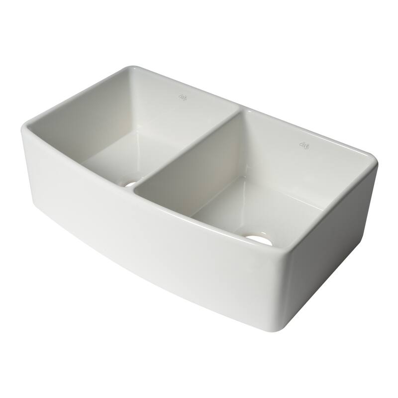 ALFI Brand White Smooth Curved Apron 33" x 20" Double Bowl Fireclay Farm Sink with Grid