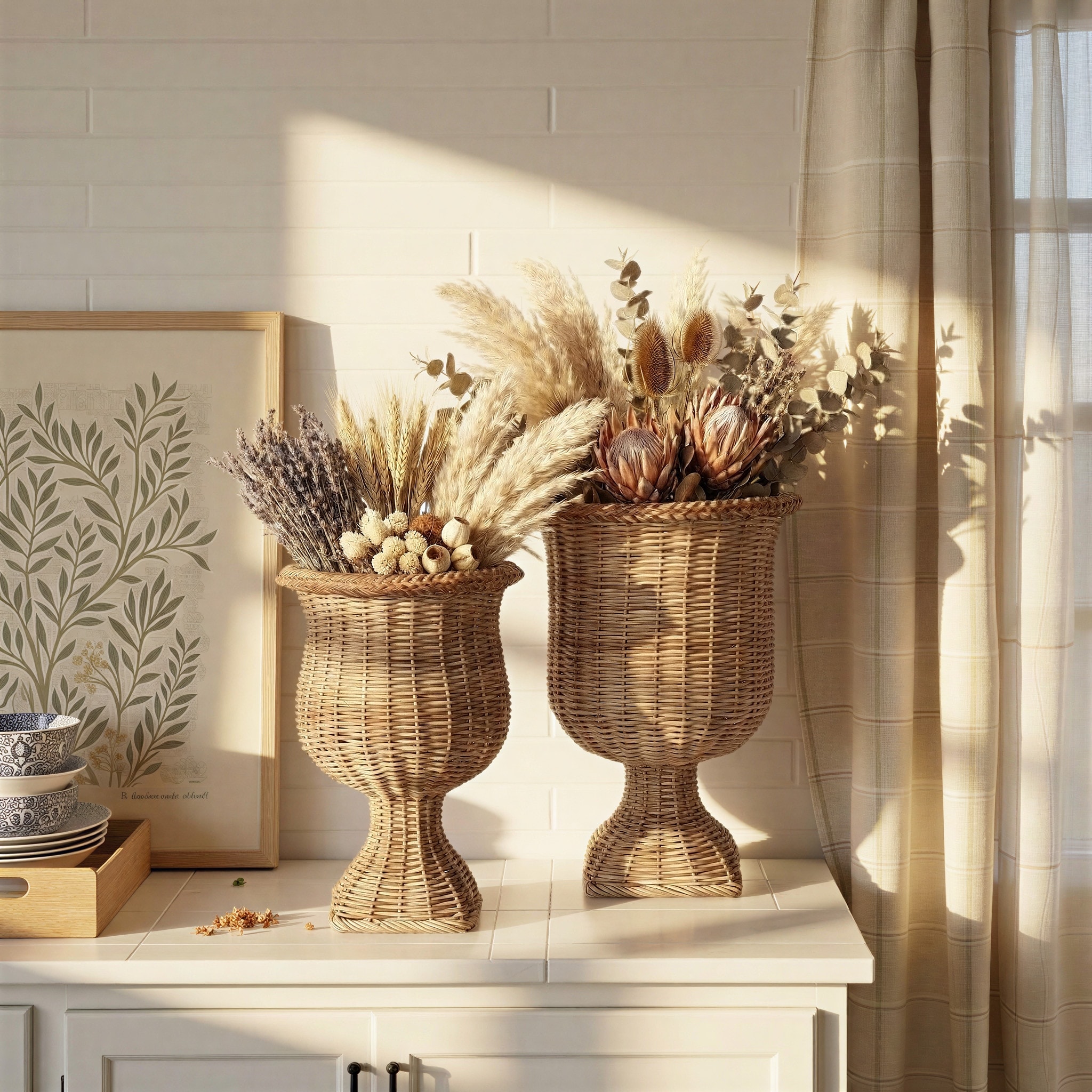 Woven Rattan Urn Set - 13.5"L x 13.5"W x 18.5"H