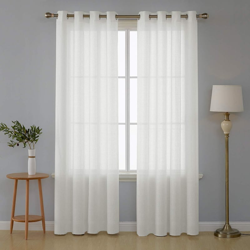 Deconovo White Sheer Grommet Curtains with Checkered Design, 2 Panels