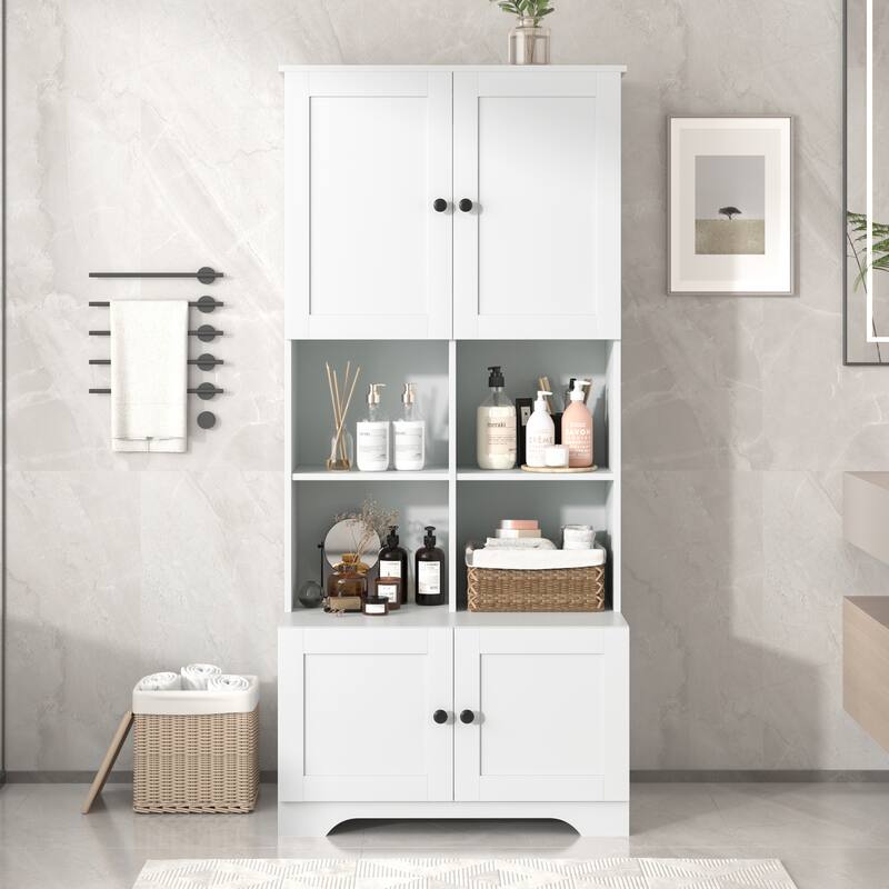 Freestanding Bathroom Storage Cabinet with Adjustable Shelf, Tall Waterproof Floor Cabinet with Double Doors - White