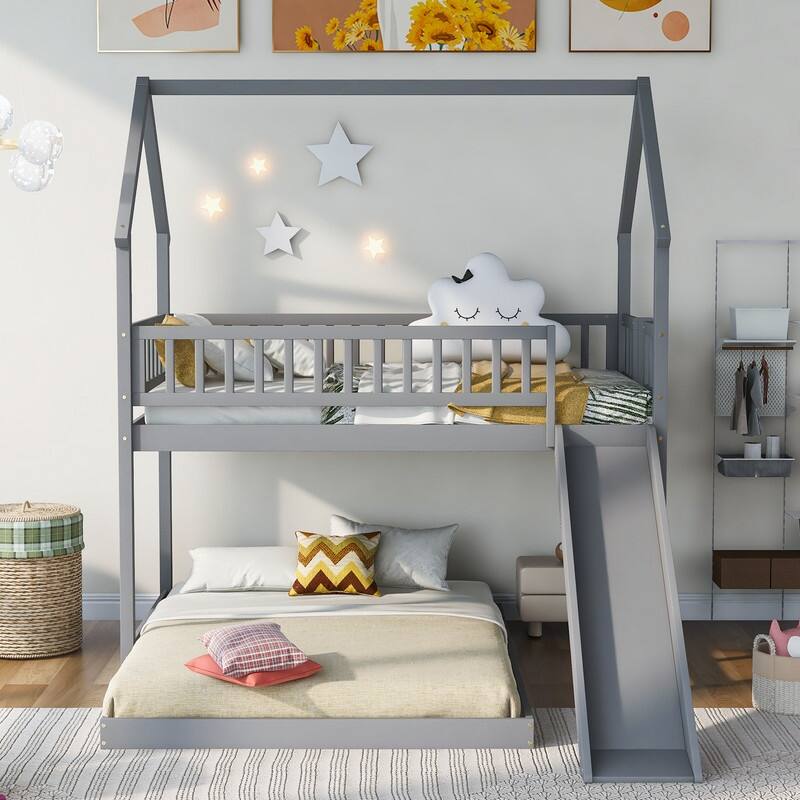 Twin over Full House Bunk Bed with Slide and Full-Length Guardrail