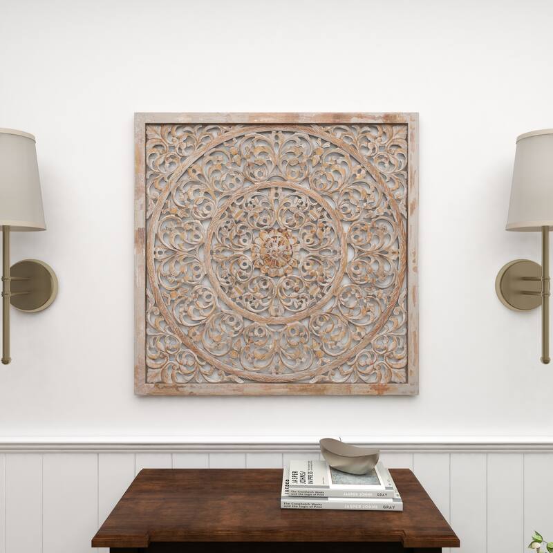 Gray Wooden Handmade Carved Scroll Mandala Floral Home Wall Decor with Brown Distressing