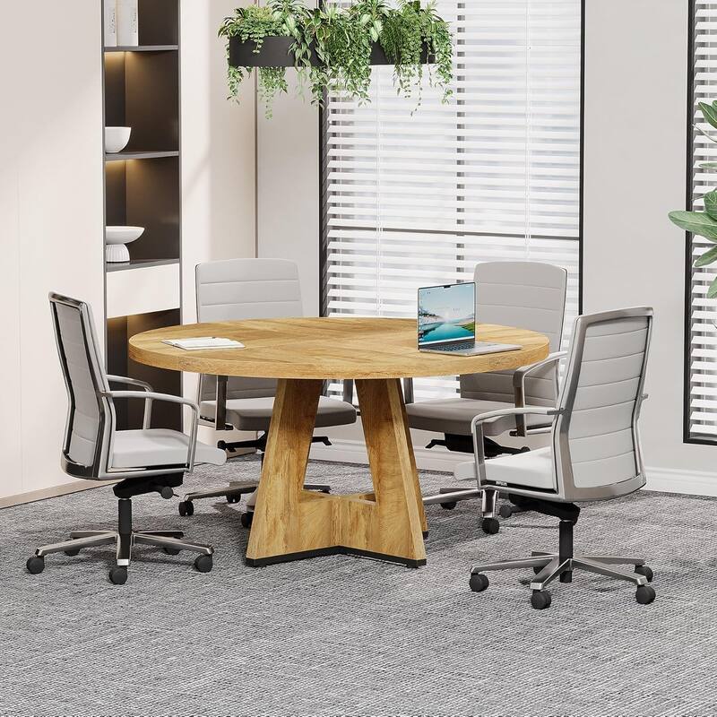 47" Round Conference Table Meeting Room Table with Thickened Top Wood Base Modern Training Desk for Conference/Seminar Room